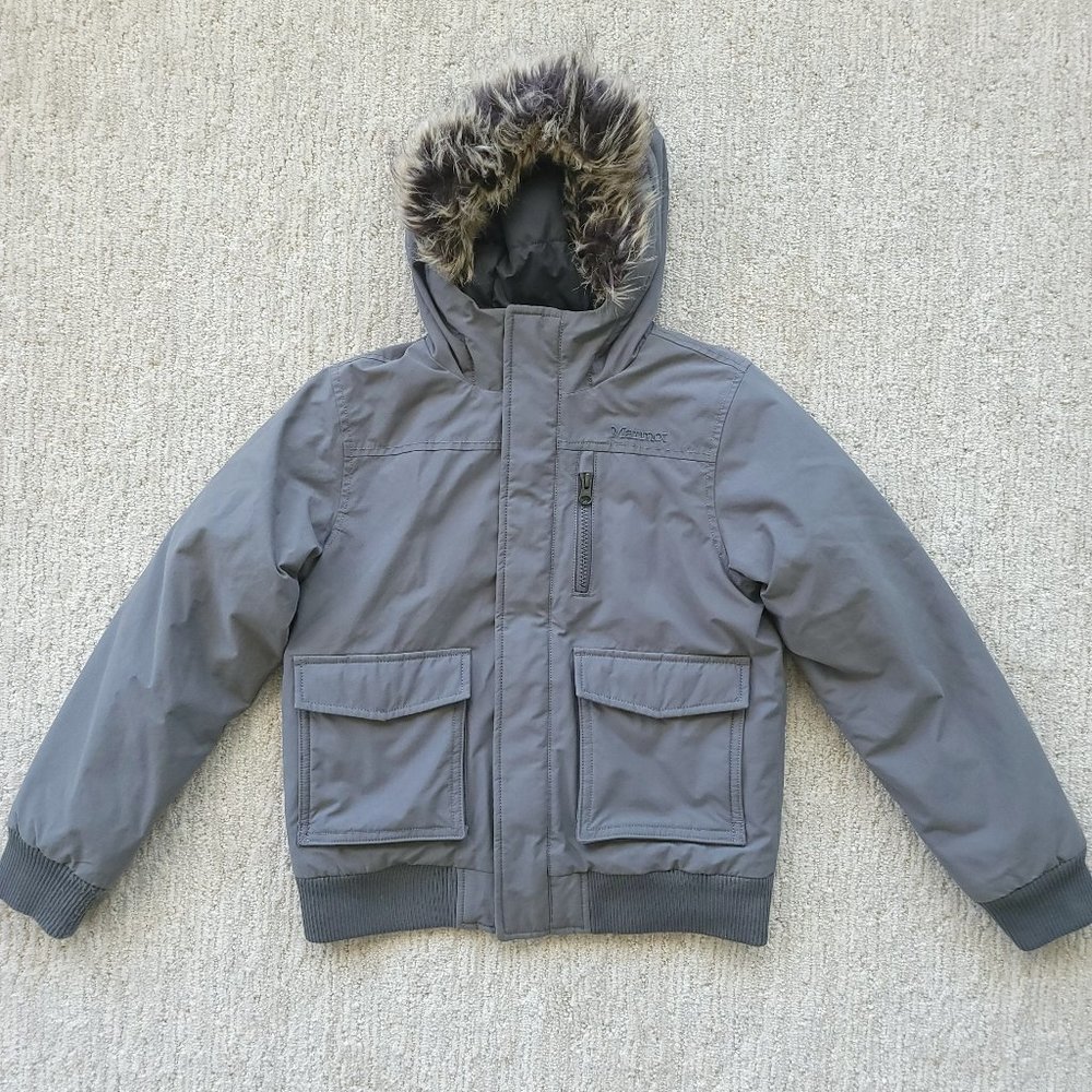 Marmot Stonehaven Bomber Winter Jacket Coat Gray Faux Fur Kids Youth L 10-12